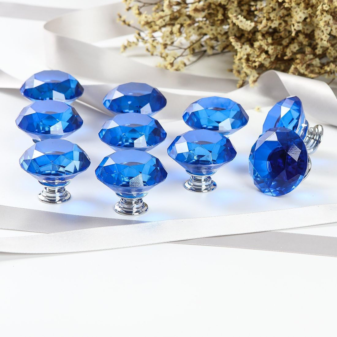 10 PCS Diamond Crystal Glass Pull Handle Cabinet Knobs Cupboard Drawers Cabinet Dresser Bookcase Wardrobe (40Mm, Dark Blue)
