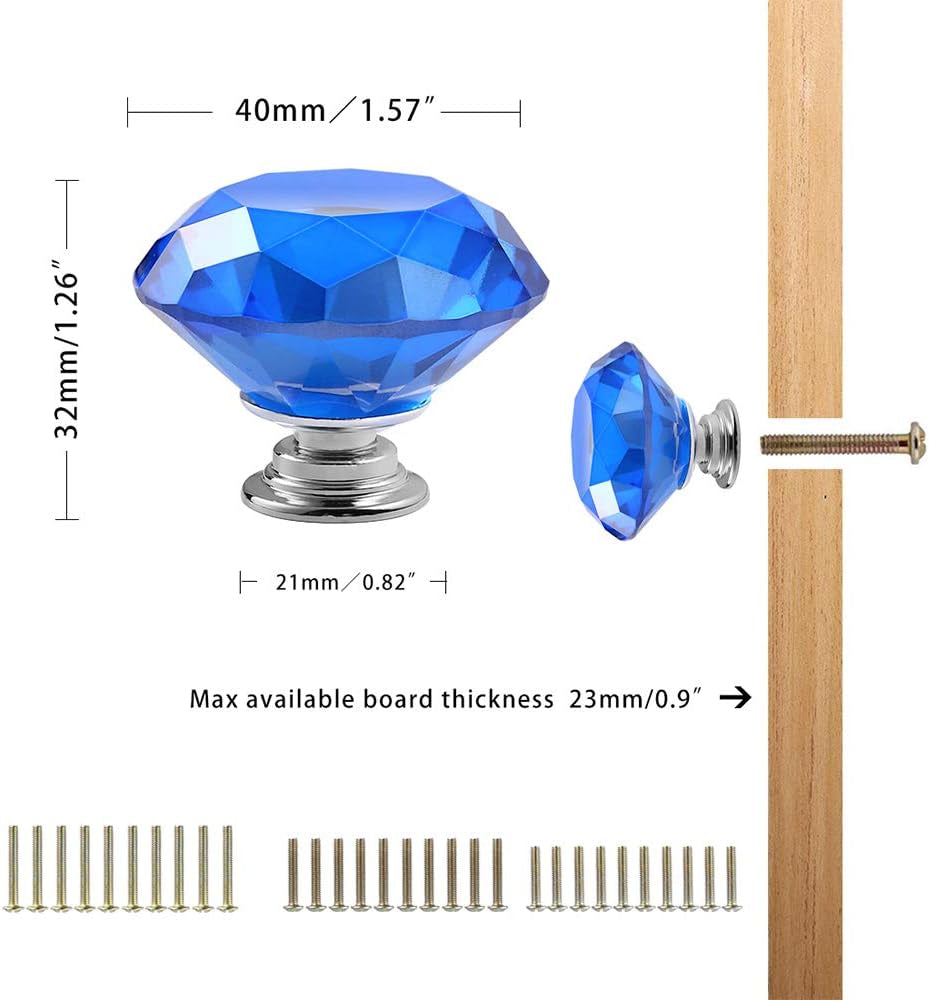 10 PCS Diamond Crystal Glass Pull Handle Cabinet Knobs Cupboard Drawers Cabinet Dresser Bookcase Wardrobe (40Mm, Dark Blue)