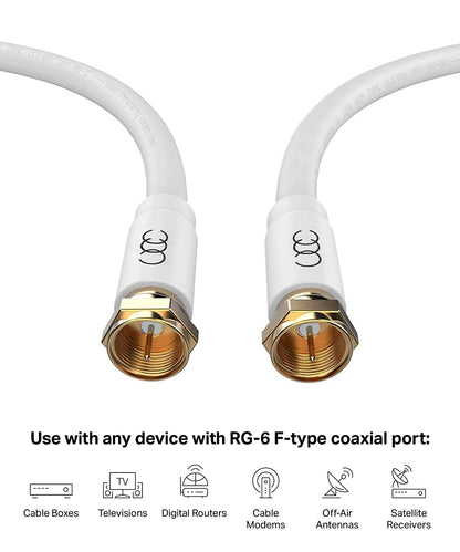 RG6 Coaxial Cable 30 FT, CL3 White Coax Cord TV Cable Wire, In-Wall Rated-Digital Audio Video Satellite Cable Extension, Gold Plated Compression Connectors - White